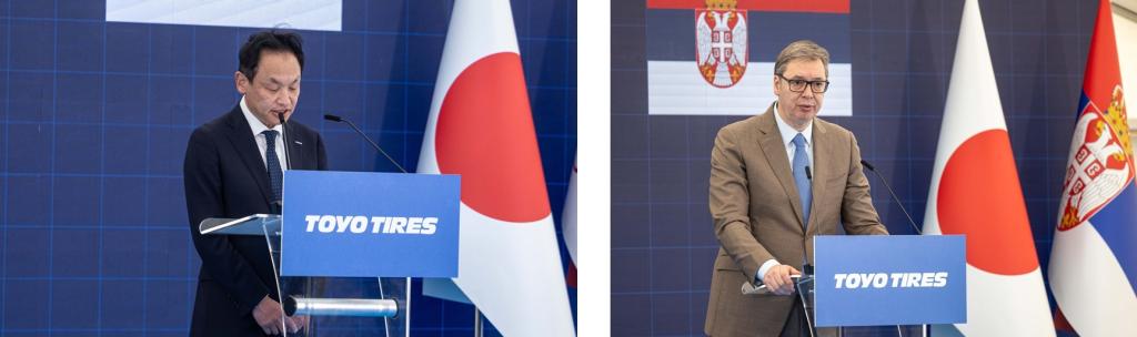 (Left: Manabu Moriya, Director of TOYO TIRE, delivering remarks / Right: President Aleksandar Vučić delivering congratulatory remarks)